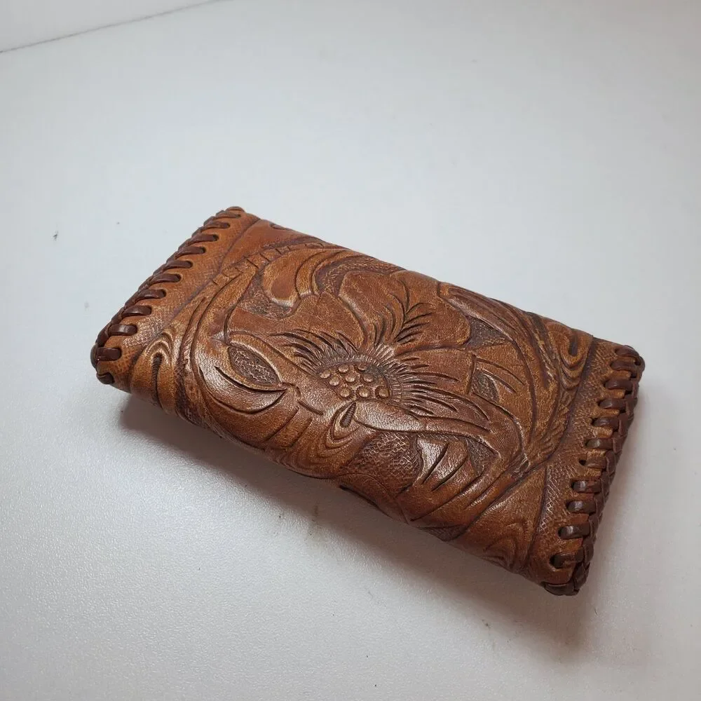 vintage tooled leather key rings case card holder stitched poppy flower detail